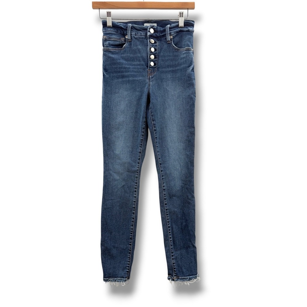 Good American Good Legs Skinny Jeans 2/26 Blue High Rise Button Fly Raw‎ Hem